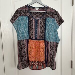 Sundance Patchwork Eyelet Detail Multicolor Bohemian Flowy Mixed Print Top
